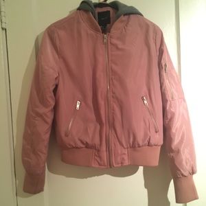 Pink metallic sheen bomber jacket with gray hood